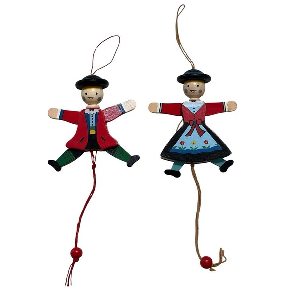 VTG Wooden Christmas Pull String Ornaments Articulated European Boy Girl Set - Picture 1 of 5
